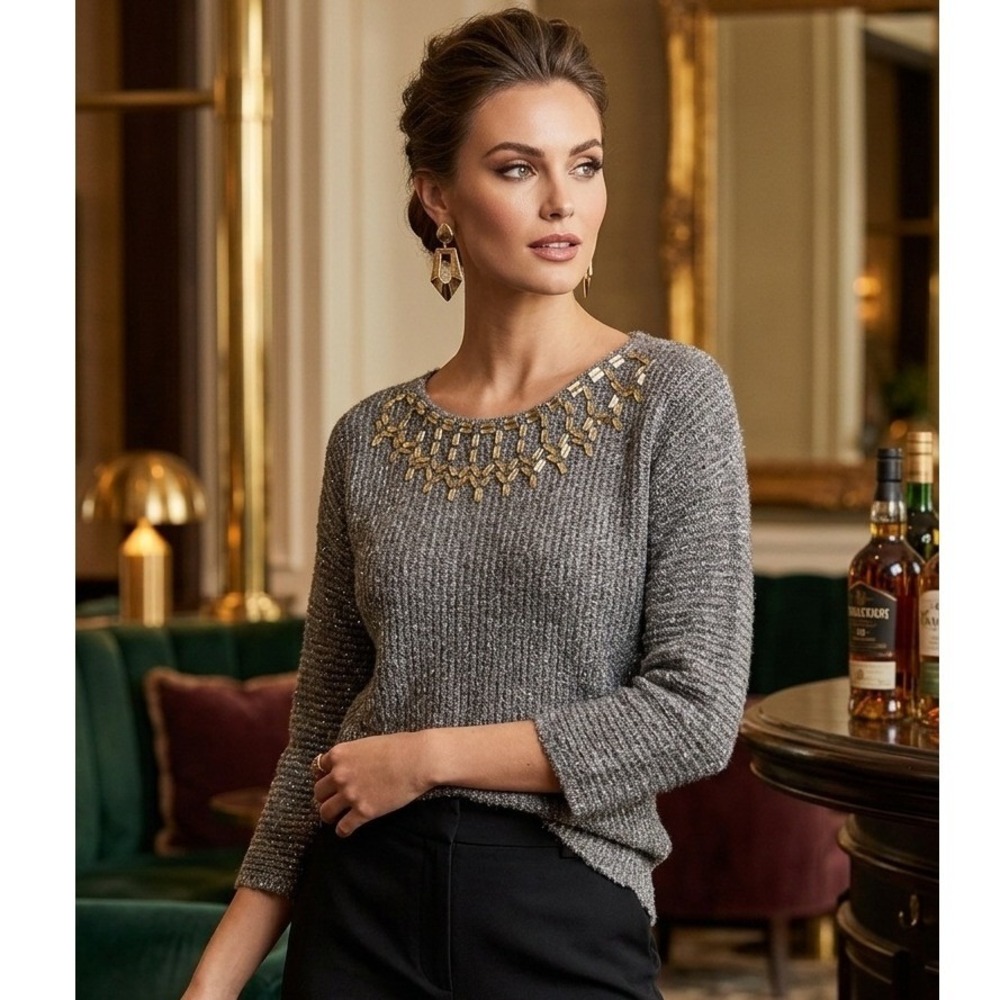 Ruby Rd Gray‎ Metallic Jeweled Neck Sweater Womens Large 3/4 Sleeve 78192